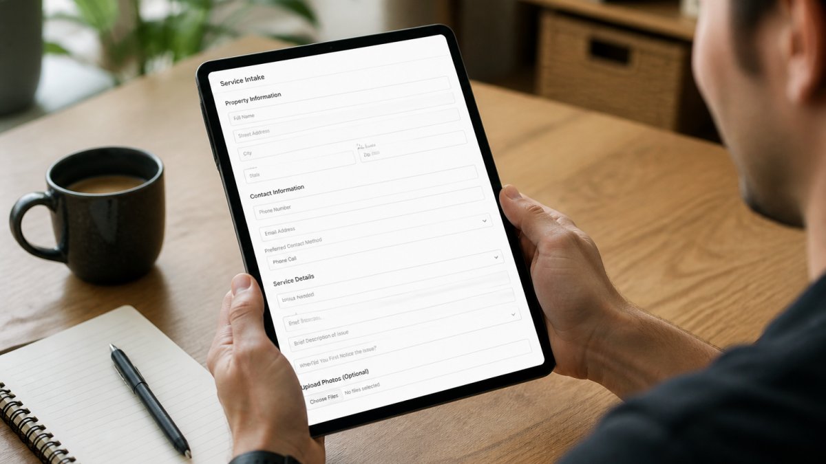 Close-up of a tablet on a wooden desk showing a digital service intake form, with a coffee mug and notepad beside it in a home office