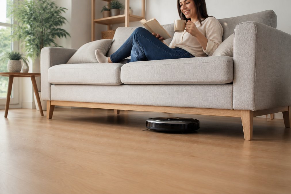 Diagram showing how robot vacuums reduce weekly cleaning by automating floor care while you relax at home