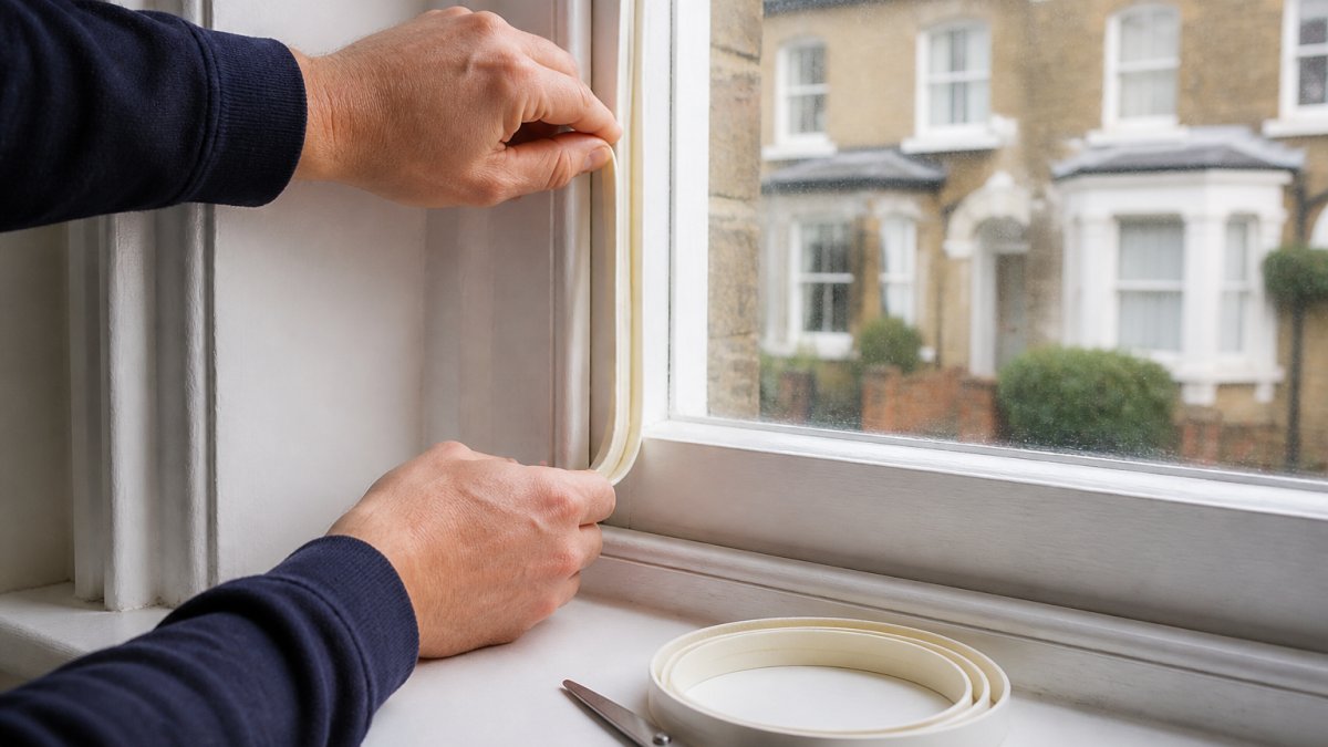Close-up of hands fitting self-adhesive foam draught strip around a sash window frame in an older British home, with a roll of strip and scissors on the windowsill