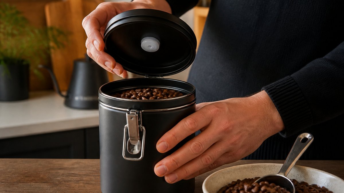 Close-up of hands opening an opaque airtight coffee container with visible one-way valve, whole beans inside, warm kitchen lighting in background