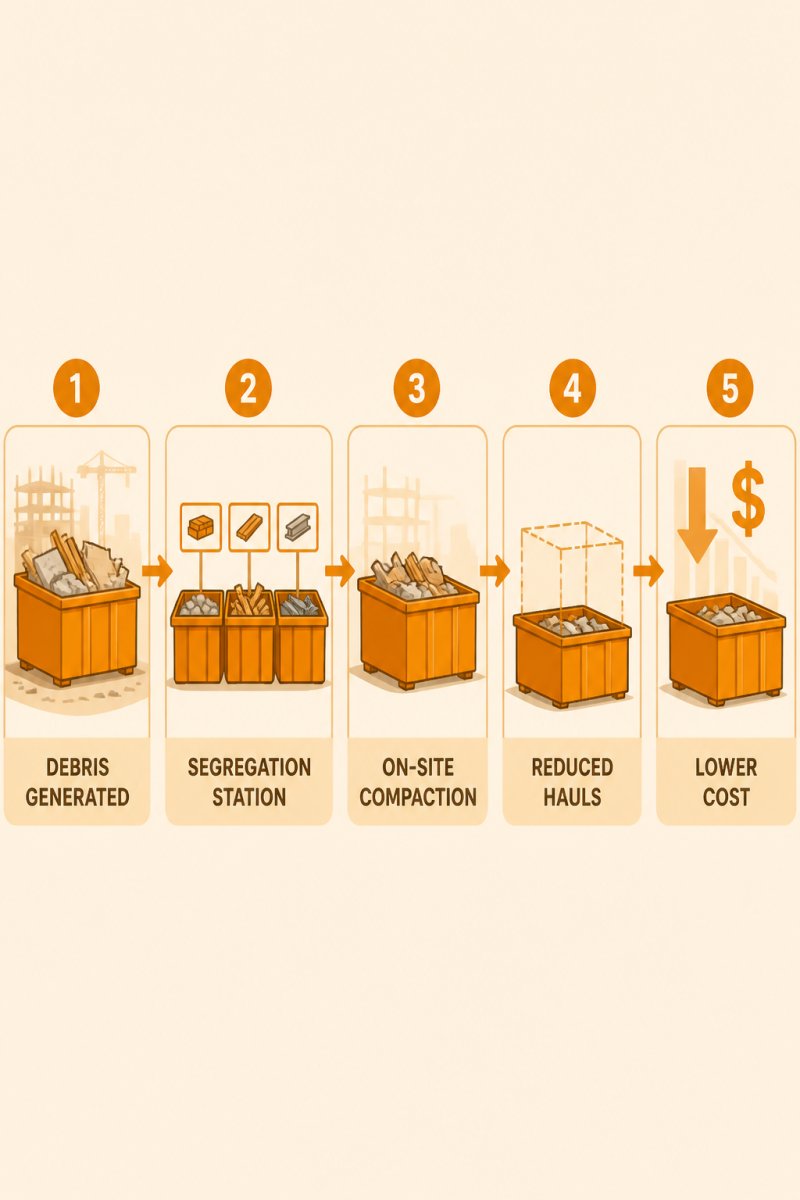 Digital illustration flowchart showing cleanup workflow: Debris generated → Segregation station → On-site compaction → Reduced hauls → Lower cost