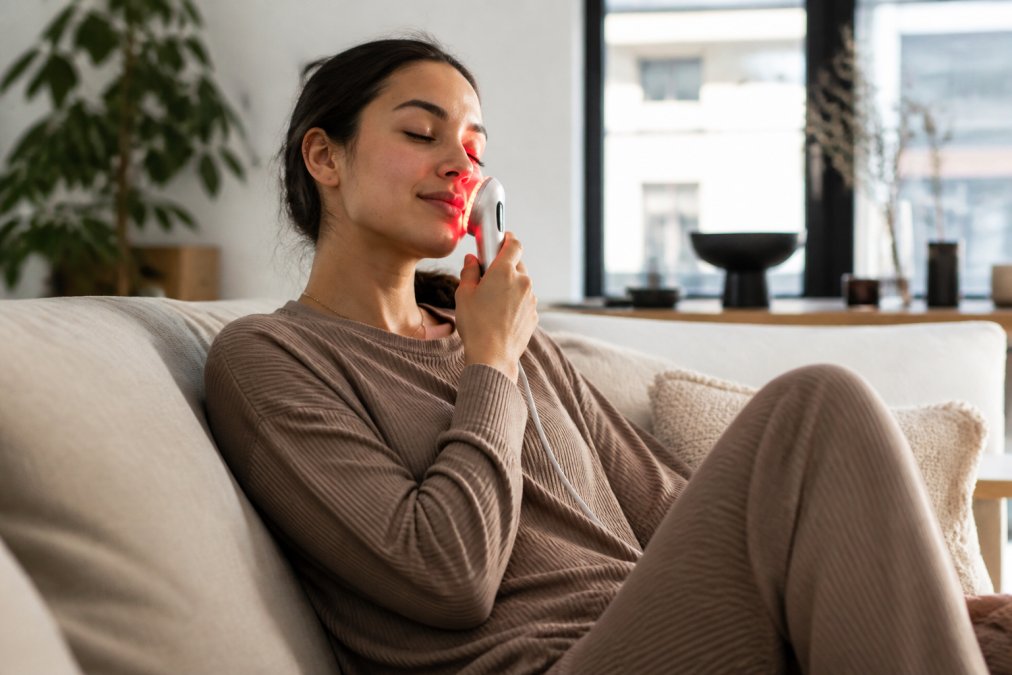 A woman in comfortable loungewear relaxing on a sofa while holding a small portable red light therapy wand near her face, warm natural light in a modern living room setting
