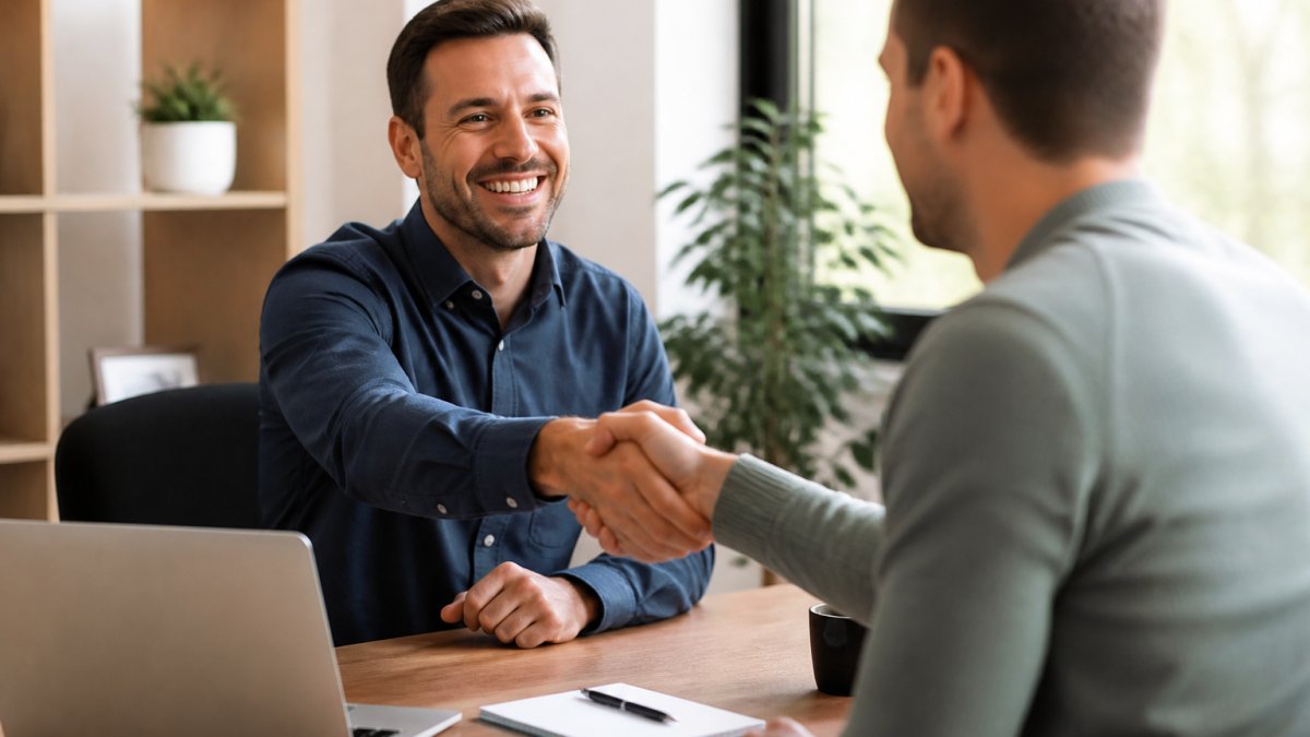 A confident business owner shaking hands with a client in a bright modern office, with a laptop displaying a website on the desk nearby