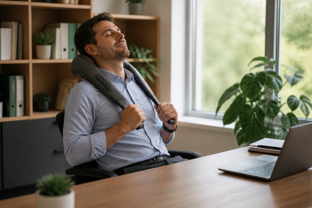 Professional in business casual attire taking a wellness break at their desk, using a massage device on their neck while seated in an office chair with natural window light illuminating the workspace