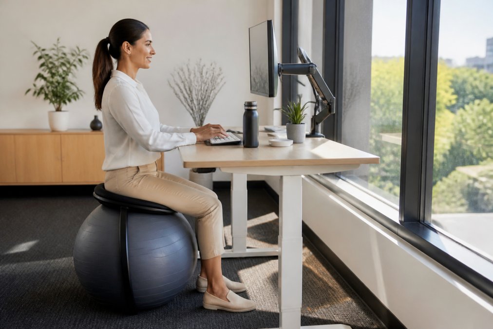 Professional sitting on half exercise ball at standing desk with proper upright posture, hands positioned at keyboard, natural office lighting from window, ergonomic setup visible with monitor at eye level