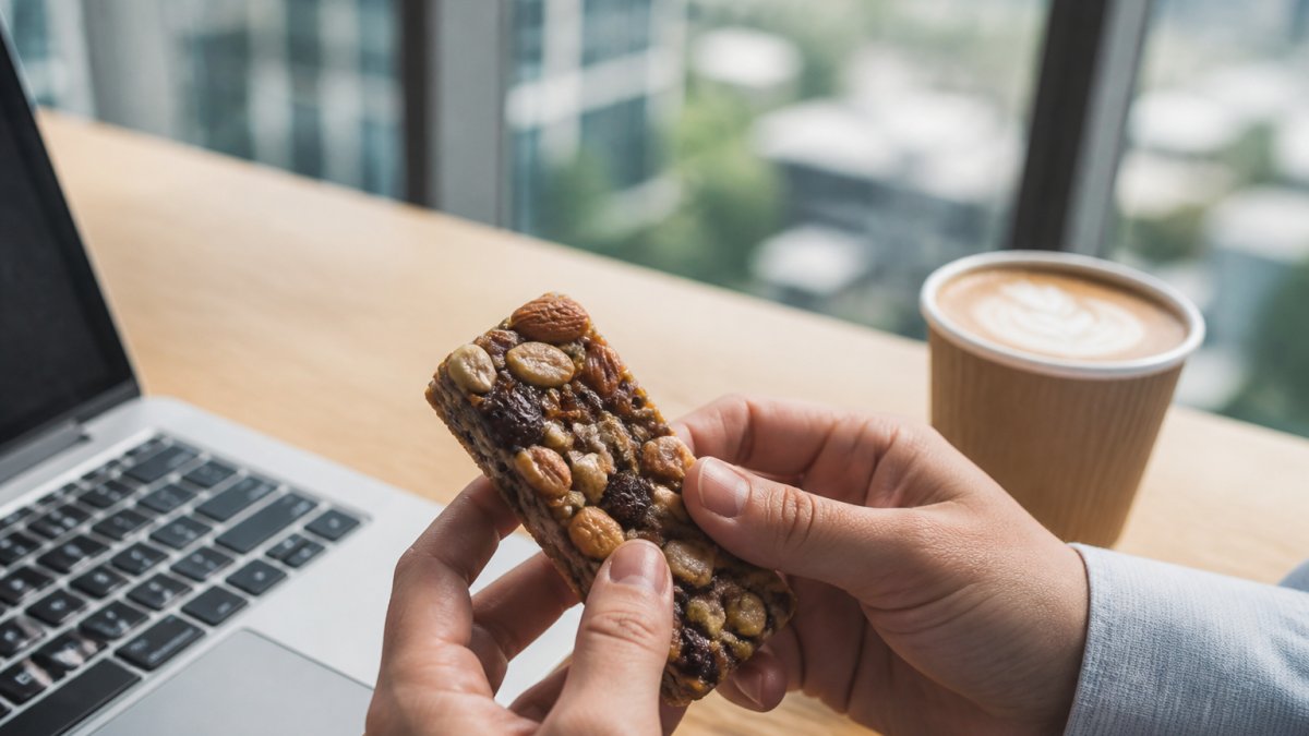 Hands holding a nut and date protein bar by a laptop and coffee cup in a sunny office