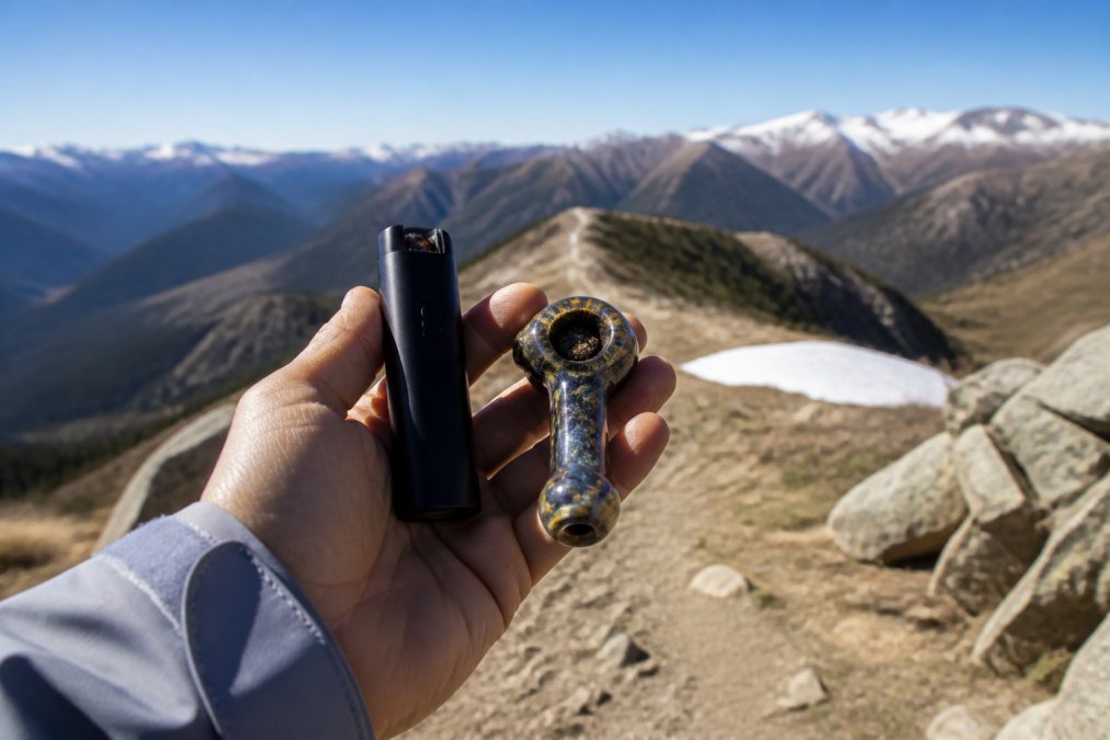 A hiker's hand holding a sleek electric lighter next to a glass pipe, with a mountainous trail and clear blue sky visible in the background
