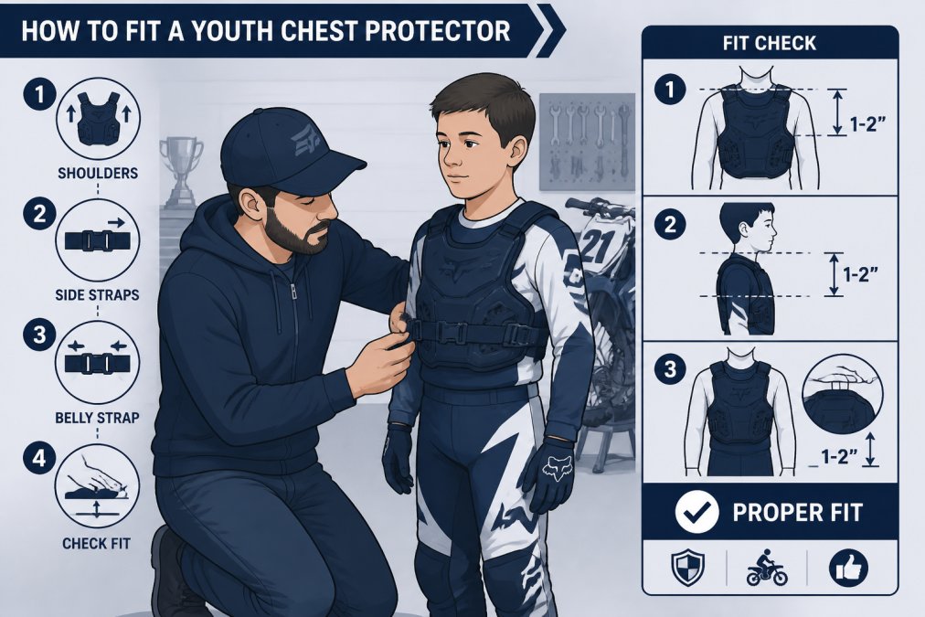 Parent and child in garage setting, parent adjusting youth chest protector straps on child's torso while child stands still in riding gear, showing proper strap tightening and fit verification