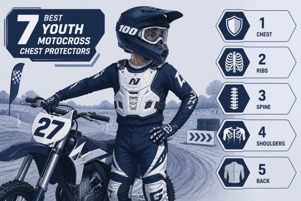 Young motocross rider in full gear standing with dirt bike on track, wearing chest protector visible over jersey, showing real-world protective equipment in use on the track