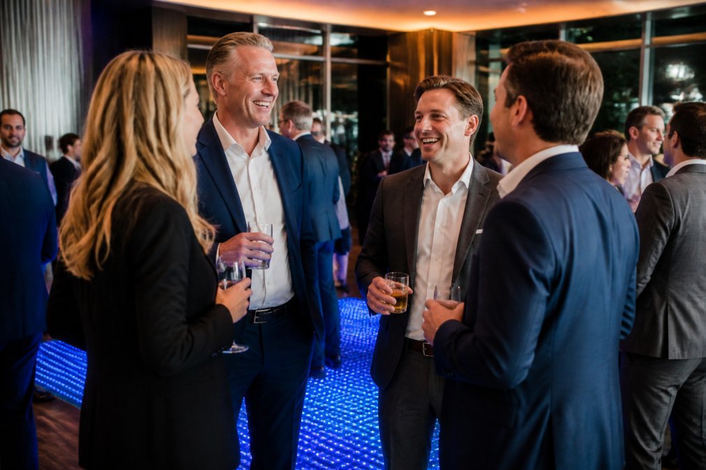 Groep professionele medewerkers die met elkaar praten en lachen in een moderne vergaderruimte met warm licht, allemaal gekleed in zakelijke kleding