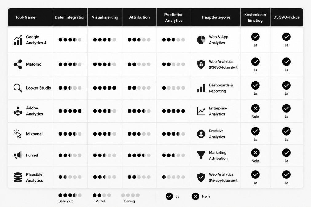 Vergleichsmatrix der 7 Tools mit Kategorien Datenintegration, Visualisierung, Attribution und Predictive Analytics; Spalten Tool-Name, Hauptkategorie, kostenloser Einstieg Ja/Nein, DSGVO-Fokus Ja/Nein