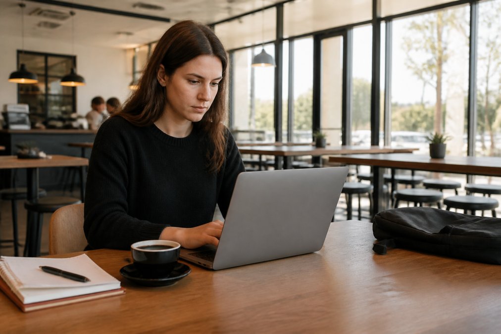 Remote worker at modern coffee shop desk with laptop, notebook, and espresso cup, focused on screen with minimal visible distractions, warm natural lighting from window