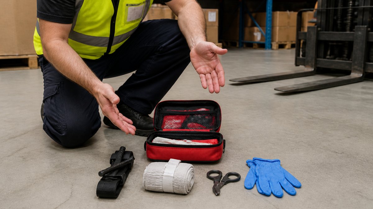 Workplace safety officer displaying essential medical supplies from a compact emergency trauma pouch.