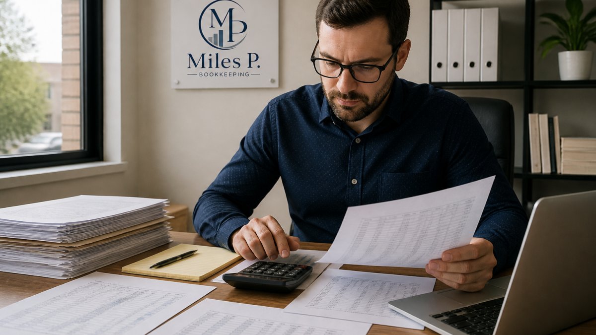 Small business owner reviewing financial reports while choosing bookkeeping services at a desk