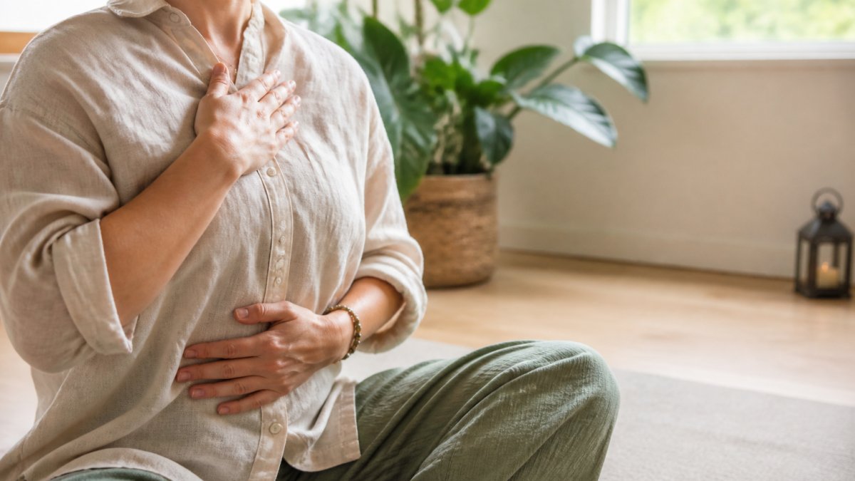Person practicing slow breathing exercises nervous system while sitting peacefully with eyes closed.