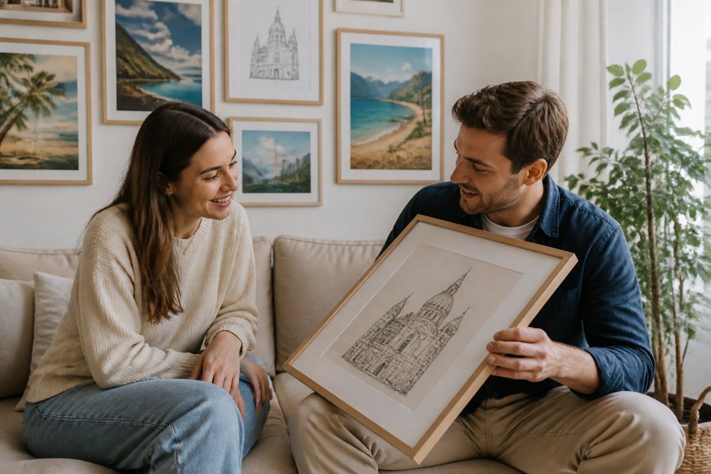 A bright living room wall featuring a curated gallery of framed travel posters, including a minimalist line art print of a European landmark, styled with a neutral sofa and indoor plants