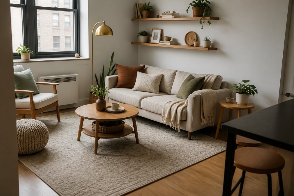 A cozy small apartment living room with a neutral color palette, an area rug defining the seating zone with a sofa and side table, layered textiles including throw pillows and a blanket creating visual warmth and depth, natural light from a window, and floating shelves on the wall