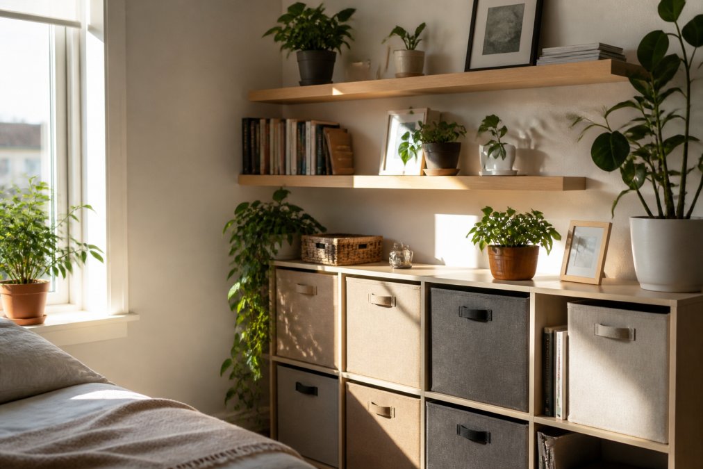 Close-up of organized cube storage units and floating shelves displaying books, potted plants, and framed decor items in a bright small apartment corner with natural window light streaming across the shelves
