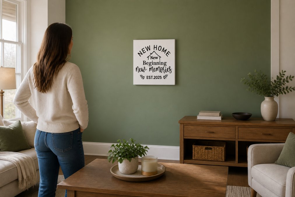 A freshly painted accent wall in deep sage green in a bright living room, with a person standing back admiring the transformation, natural afternoon light streaming through windows