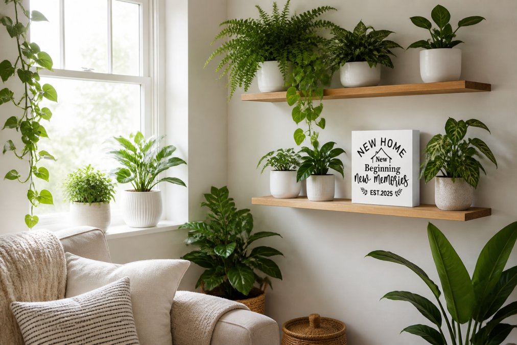 A cozy corner of a bright living room with white ceramic planters holding lush green plants arranged on floating shelves and a windowsill, natural light illuminating the greenery