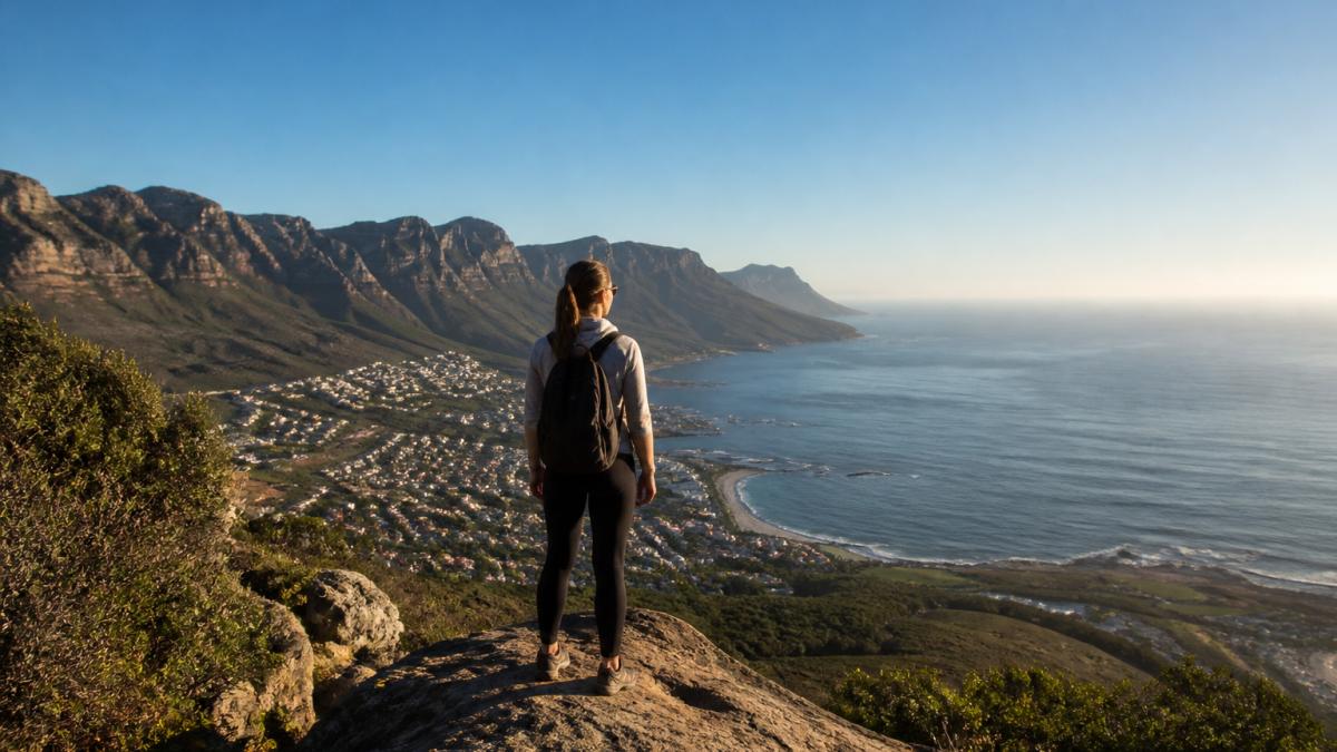 Solo traveler with a daypack enjoying the coastal mountain views for a Cape Town travel guide experience.