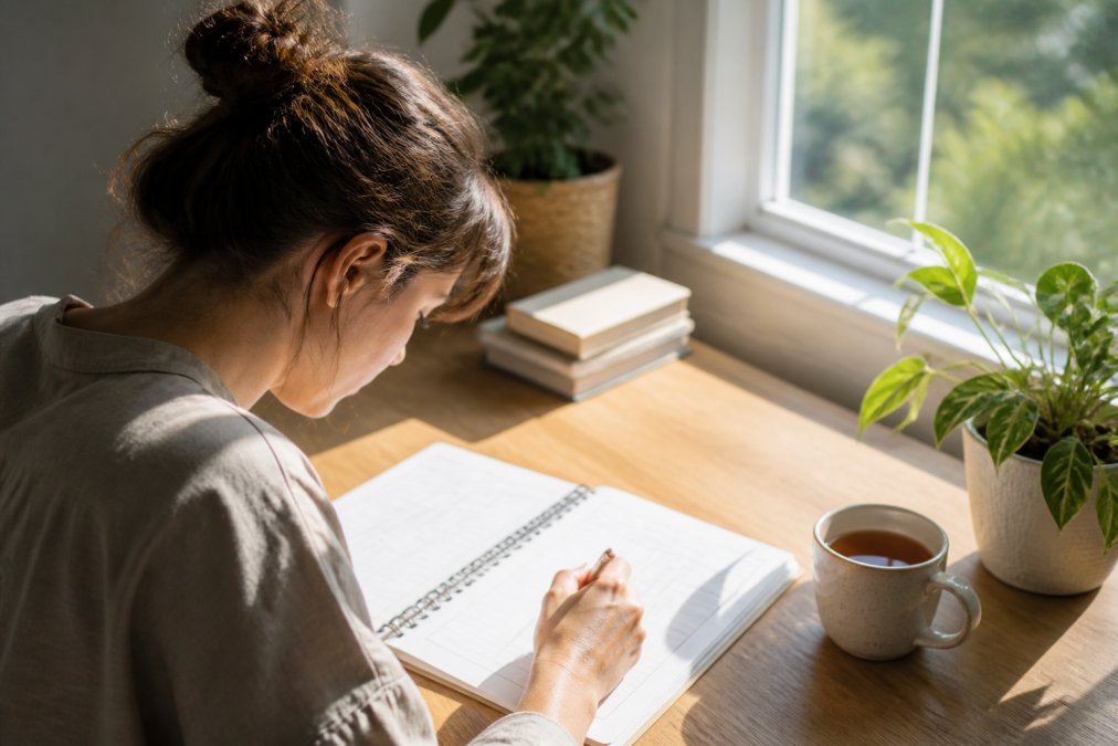 Person sitting at a desk with a printed thought record worksheet and pen, writing thoughtfully in natural daylight streaming from a nearby window, with a cup of tea beside the notebook