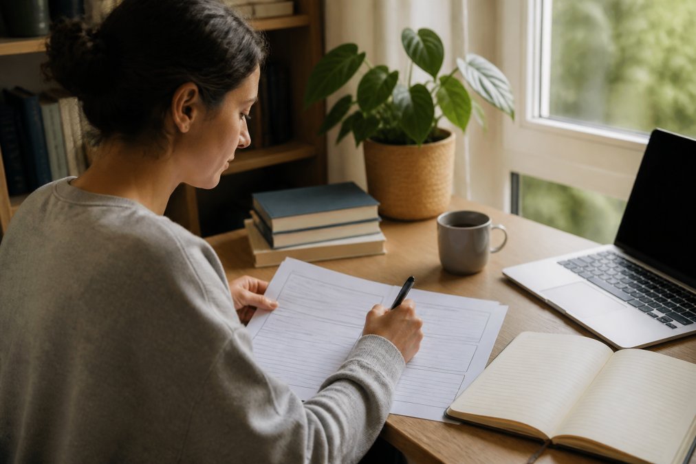 Someone working through printed CBT worksheets at a calm home desk with a laptop nearby, a notebook open, and soft natural light from a window, creating a focused, peaceful workspace