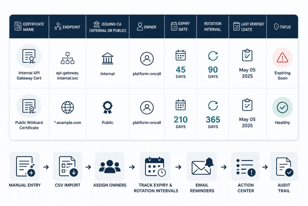 Certificate inventory matrix tracking key data points for effective certificate expiry monitoring