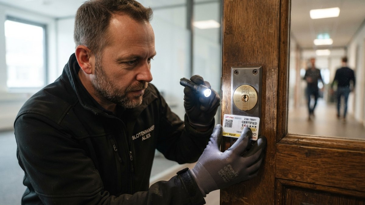 Close-up van een veiligheidscilinder in een bedrijfsdeur, met een monteur die het certificaat op de cilinder controleert met een zaklamp