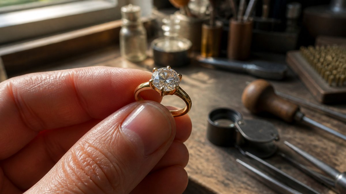 Close-up of an old mine cut diamond ring held in warm window light showing chunky facets and high crown