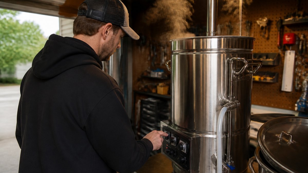 Homebrewer adjusting a digital controller on a stainless steel system during a Clawhammer vs Vengeance brewing session