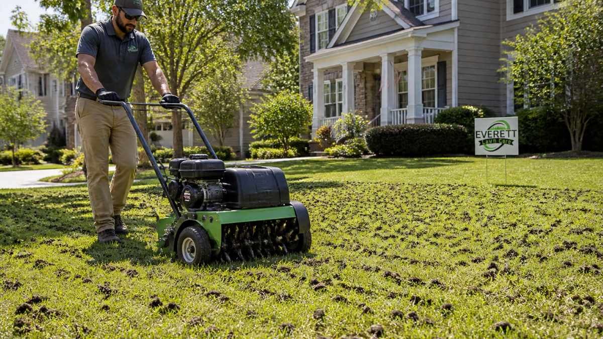 Technician using a core aerator on a lawn to improve clay soil lawn care by removing plugs of compacted earth.
