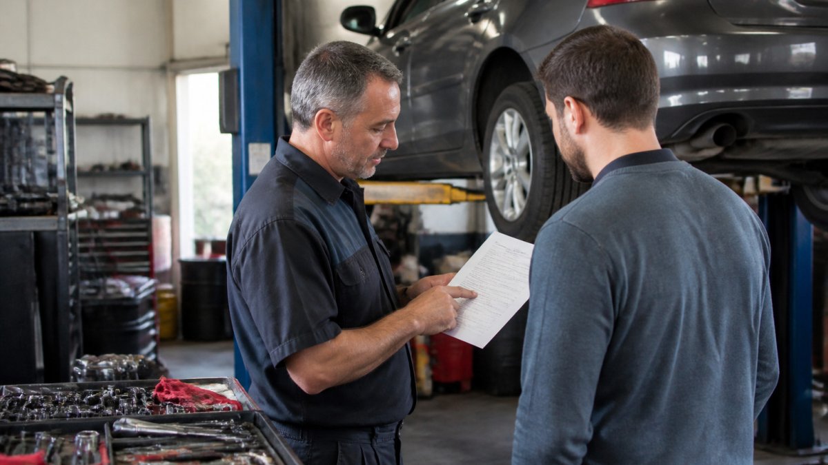Mechanic explaining a printed repair estimate to a customer at a Clovis auto shop beside a lifted sedan.