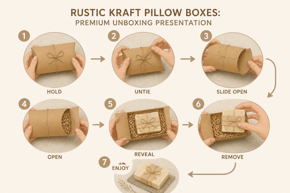 Hands carefully opening a kraft pillow box tied with natural twine, revealing a beautifully wrapped cold process soap bar nestled inside on a neutral linen background with soft natural lighting