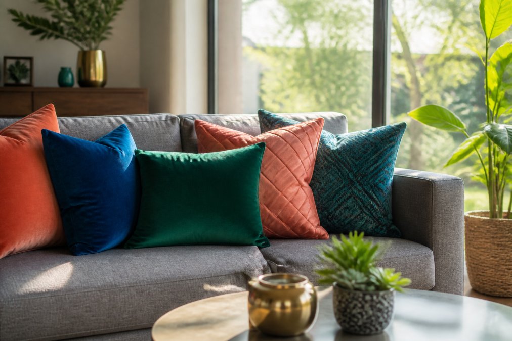 Modern living room with a grey upholstered sofa styled with layered throw pillows in deep jewel tones, emerald, sapphire, and coral, arranged at varying angles with natural afternoon light streaming through large windows
