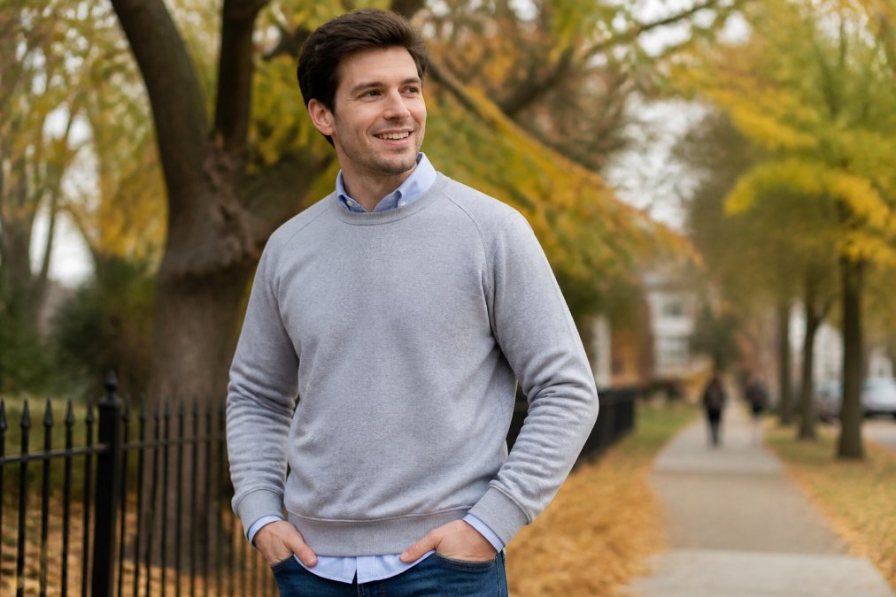 A person wearing a simple crewneck sweatshirt layered over a collared shirt, standing outdoors on a crisp fall day with trees in the background
