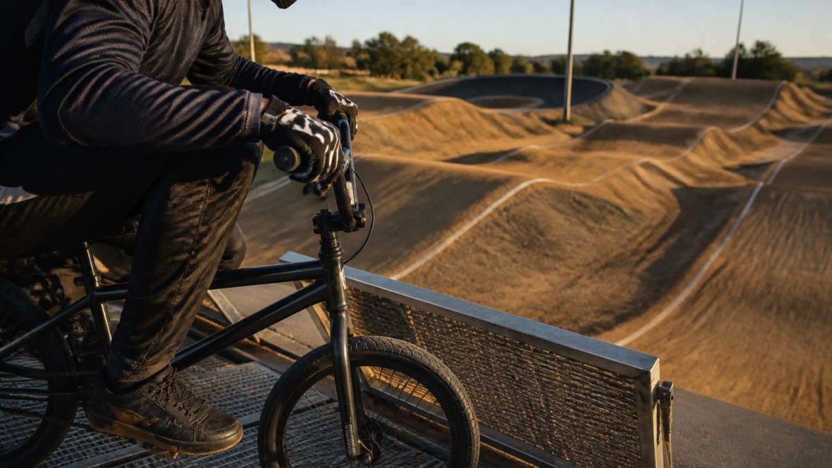 Rider poised on a BMX starting gate at a dirt track during golden hour