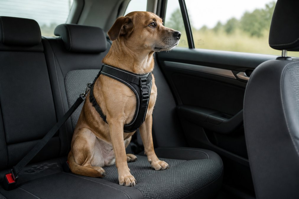 A relaxed medium-sized dog wearing a padded harness, sitting calmly in the back seat of a car with a seat belt tether attached, soft natural light through the window