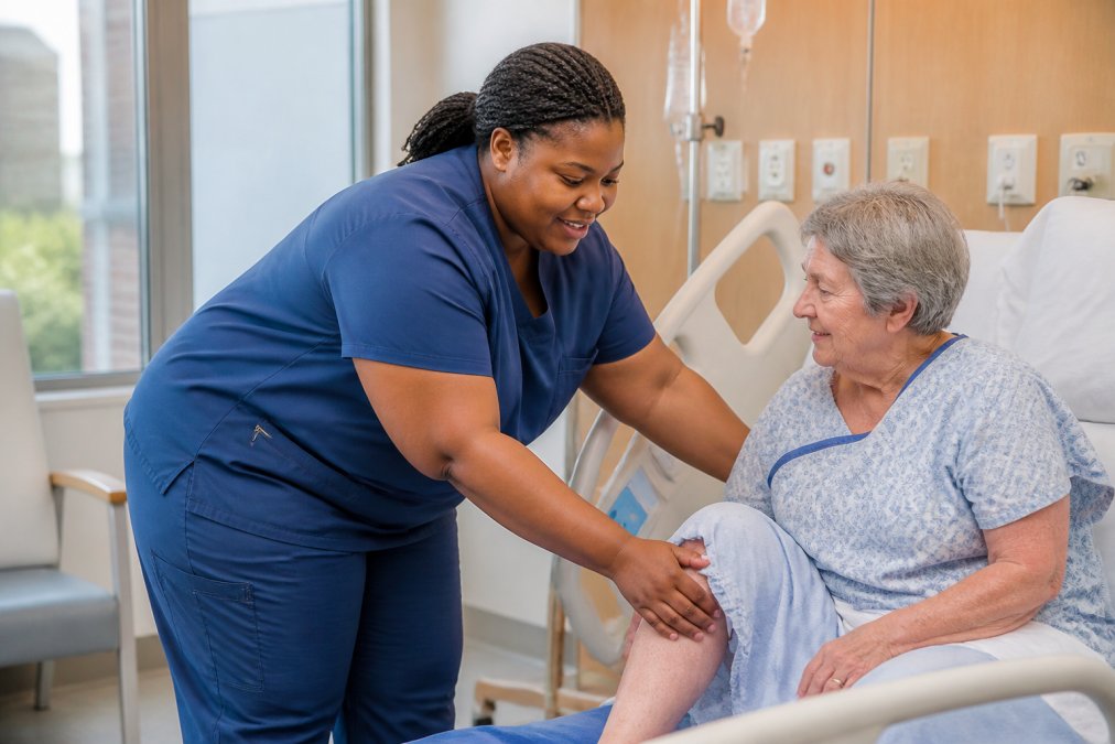 Professional nurse in plus-size scrubs bending and reaching while assisting a patient in a hospital room, demonstrating freedom of movement and comfort during clinical work