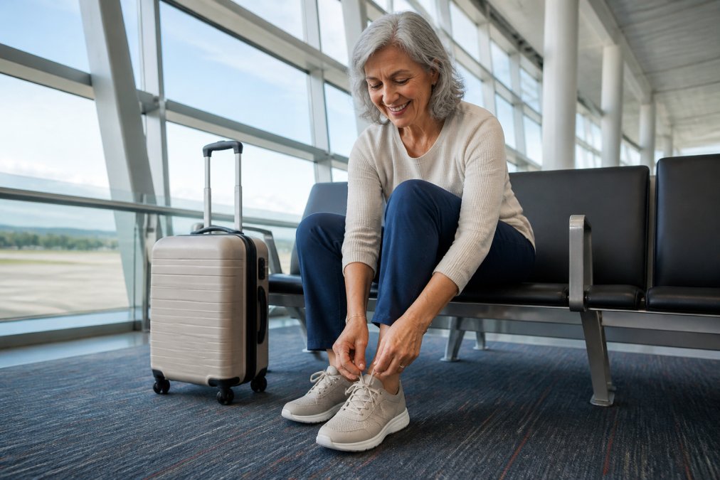 An older woman with a comfortable smile trying on a pair of wide-width walking sneakers while sitting on a bench in a bright airport terminal, a small suitcase beside her