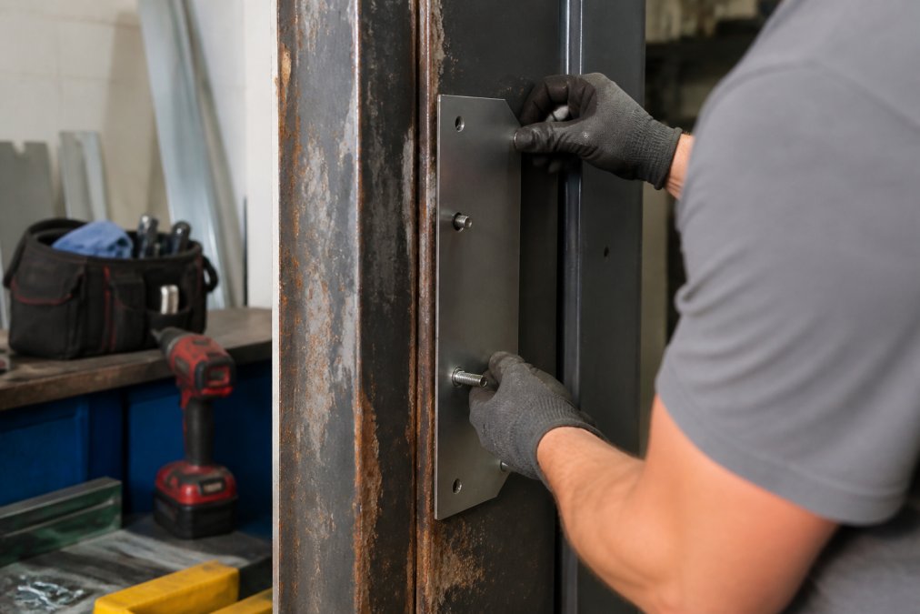 Maintenance technician installing a Jamb Patch on a steel door frame, hands positioning the metal patch against the corroded jamb and securing fastening hardware, professional workshop lighting