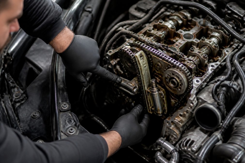 Professional mechanic inspecting an Audi engine bay with timing chain tensioner visible, hands pointing to the component during diagnostic inspection under bright workshop lighting
