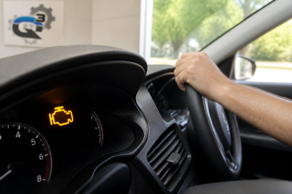 Close-up of a car dashboard showing an illuminated amber check engine light, with a driver's hand on the steering wheel in the background, natural daylight through windshield