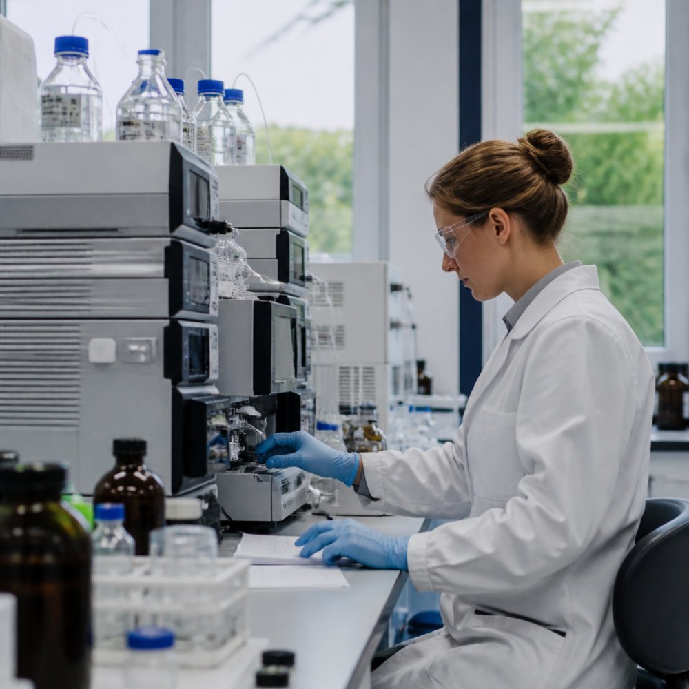 Professional laboratory technician operating HPLC equipment and monitoring sample analysis results on computer screen in modern research facility with natural lighting