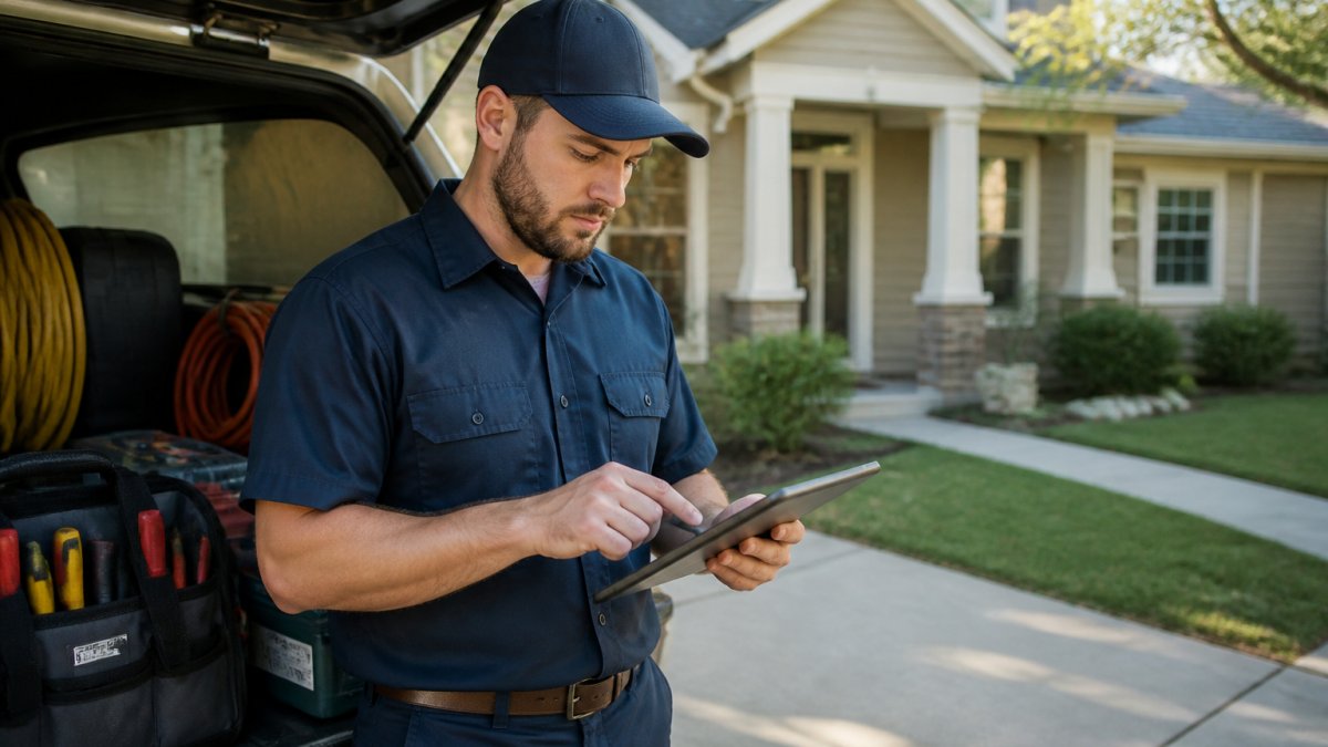 Field technician in work uniform using a mobile tablet to check and update a work order while standing in front of a residential property with tools visible in the truck bed, natural daylight