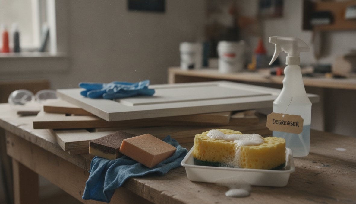 Close-up of a person wearing blue nitrile gloves scrubbing a bare wood cabinet door with a sponge soaked in degreaser solution on a wooden workbench, with sanding blocks in multiple grits and a folded tack cloth visible in the foreground under bright workshop lighting