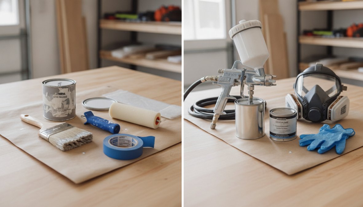 A painter wearing a respirator and safety glasses using an HVLP spray gun to coat a cabinet door propped horizontally on sawhorses in a well-ventilated garage, with a quality angled paintbrush resting on a paint can lid in the foreground and drop cloths covering the concrete floor