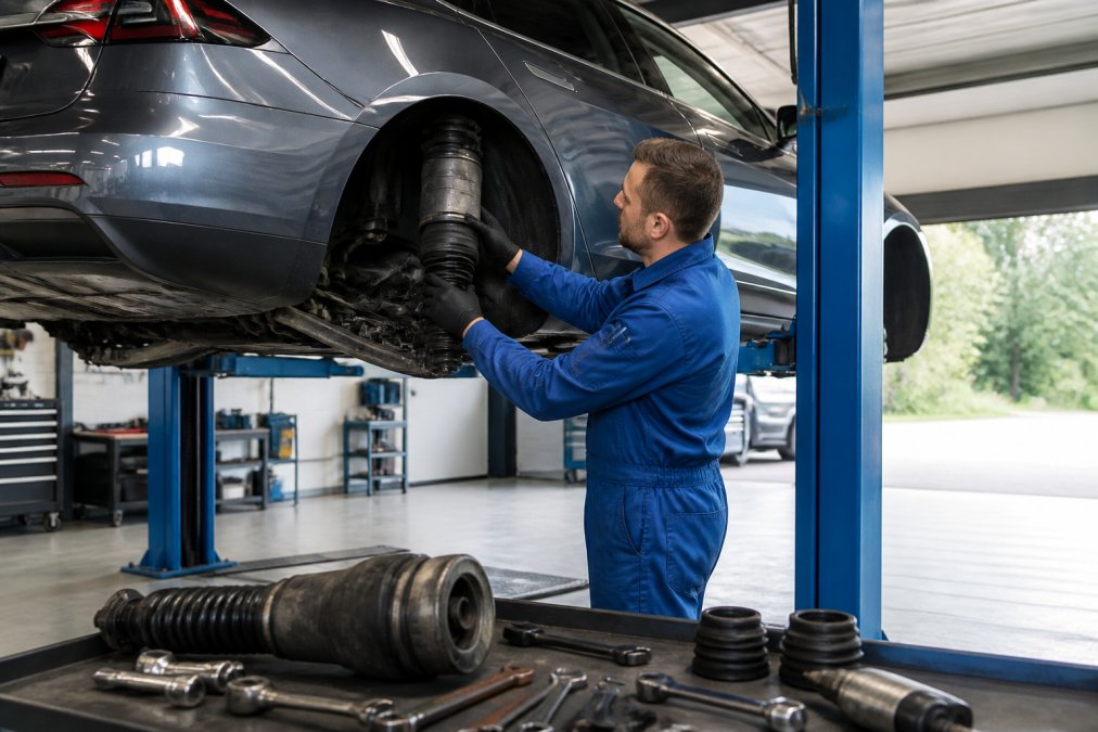 A mechanic in blue overalls inspecting the air suspension strut of a Tesla Model S raised on a two-post lift in a clean independent garage, tools laid out on a nearby bench, natural daylight through the workshop door