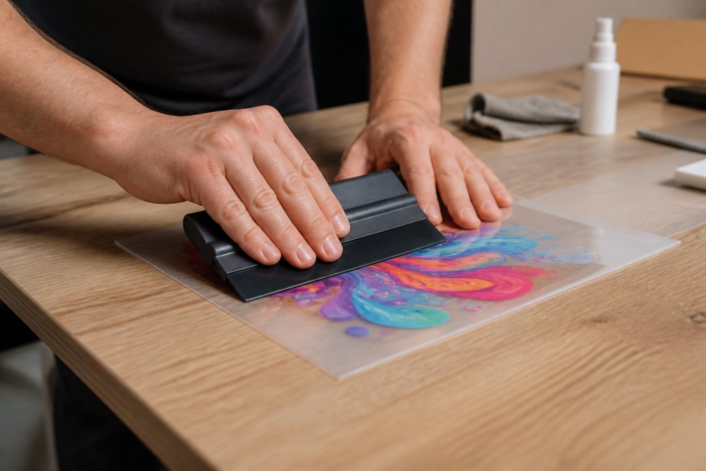Diagram demonstrating the correct pressure and squeegee technique when applying UV DTF transfers to hard surfaces.