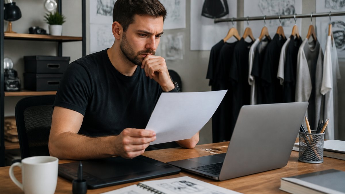 Professional designer at laptop workstation reviewing file formats in design software, with coffee cup and design tablet visible on desk